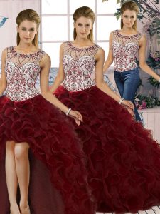 Scoop Sleeveless Organza Quinceanera Gown Beading and Ruffles Lace Up