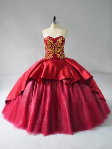 Wine Red Sweetheart Neckline Beading and Embroidery Sweet 16 Dress Sleeveless Lace Up