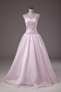 Floor Length Baby Pink Quinceanera Gown Organza Sleeveless Beading