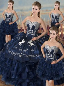 Navy Blue Lace Up Quinceanera Gown Embroidery and Ruffles Sleeveless Floor Length