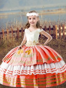 Amazing Orange Red Little Girls Pageant Gowns Wedding Party with Embroidery Off The Shoulder Sleeveless Lace Up