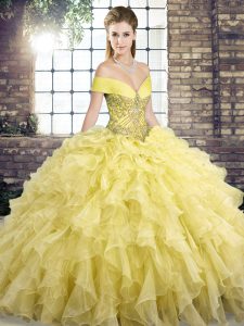 Off The Shoulder Sleeveless Organza Sweet 16 Quinceanera Dress Beading and Ruffles Brush Train Lace Up