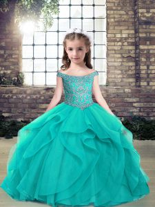 Affordable Teal Lace Up Off The Shoulder Beading Girls Pageant Dresses Tulle Sleeveless
