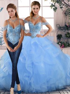 Blue Tulle Lace Up Off The Shoulder Sleeveless Floor Length Quinceanera Dresses Beading and Ruffles