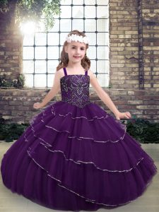 Glorious Eggplant Purple Sleeveless Floor Length Beading and Ruffled Layers Lace Up Kids Formal Wear