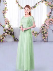 Lace and Belt Dama Dress for Quinceanera Apple Green Side Zipper Short Sleeves Floor Length