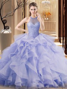 Noble Lavender Lace Up Quinceanera Dresses Ruffles Sleeveless Brush Train
