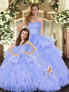 Romantic Lavender Ball Gowns Sweetheart Sleeveless Tulle Floor Length Lace Up Appliques and Ruffles Vestidos de Quinceanera