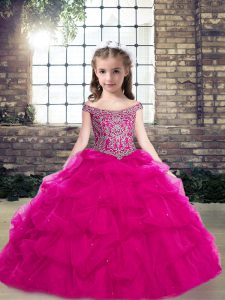 Fuchsia Organza Lace Up Little Girls Pageant Dress Wholesale Sleeveless Floor Length Beading and Pick Ups