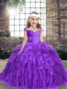 Nice Sleeveless Organza Floor Length Lace Up Child Pageant Dress in Purple with Beading and Ruffles