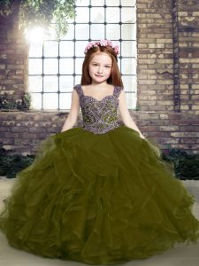 Olive Green Tulle Lace Up Pageant Gowns For Girls Sleeveless Floor Length Beading and Ruffles