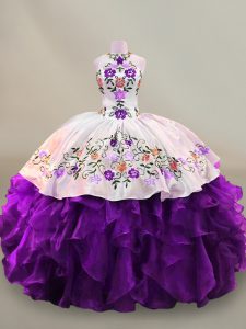 White And Purple High-neck Neckline Embroidery Sweet 16 Quinceanera Dress Sleeveless Lace Up