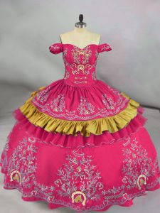 Suitable Floor Length Hot Pink 15th Birthday Dress Off The Shoulder Sleeveless Lace Up