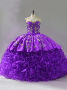 Discount Sweetheart Sleeveless Brush Train Lace Up Quince Ball Gowns Purple Fabric With Rolling Flowers
