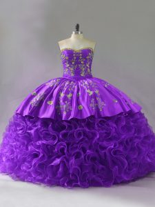 Discount Sweetheart Sleeveless Brush Train Lace Up Quince Ball Gowns Purple Fabric With Rolling Flowers