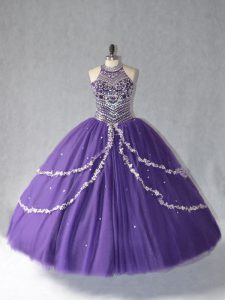 Halter Top Sleeveless Lace Up Sweet 16 Quinceanera Dress Purple Tulle