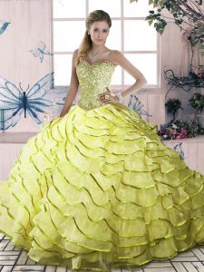 Yellow Green Ball Gowns Halter Top Sleeveless Organza Brush Train Lace Up Beading and Ruffled Layers Quinceanera Dress