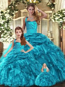 Halter Top Sleeveless 15th Birthday Dress Floor Length Ruffles and Pick Ups Teal Organza