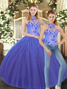 Fine Blue Quinceanera Dresses Sweet 16 and Quinceanera with Embroidery Halter Top Sleeveless Lace Up