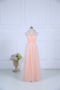 On Sale Halter Top Sleeveless Zipper Dama Dress for Quinceanera Peach Tulle