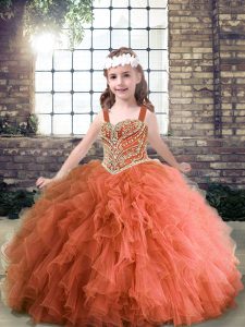 Fashionable Straps Sleeveless Little Girl Pageant Gowns Floor Length Beading and Ruffles Rust Red Tulle