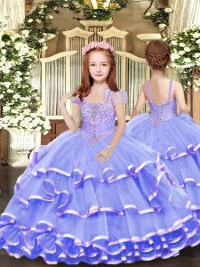 Modern Lavender Lace Up Straps Beading and Ruffled Layers Little Girl Pageant Dress Tulle Sleeveless