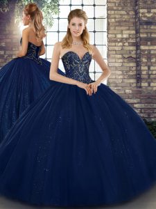 Sweet Navy Blue Sweetheart Lace Up Beading Ball Gown Prom Dress Sleeveless