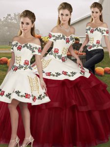Fitting Wine Red Sleeveless Brush Train Embroidery and Ruffled Layers Vestidos de Quinceanera