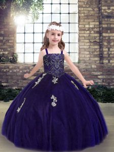 Discount Purple Ball Gowns Tulle Straps Sleeveless Appliques Floor Length Lace Up Little Girl Pageant Dress
