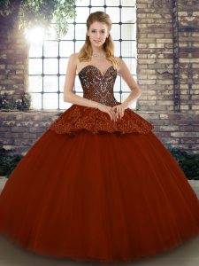 Rust Red Lace Up Ball Gown Prom Dress Beading and Appliques Sleeveless Floor Length