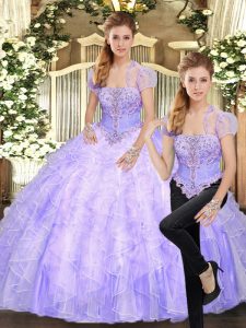 Fabulous Strapless Sleeveless Tulle 15th Birthday Dress Beading and Appliques and Ruffles Lace Up