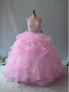 Free and Easy Pink Backless Scoop Beading and Ruffles Ball Gown Prom Dress Organza Sleeveless