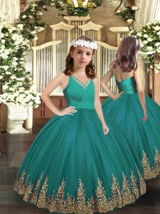 Inexpensive Embroidery High School Pageant Dress Turquoise Zipper Sleeveless Floor Length