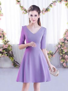 Colorful A-line Quinceanera Dama Dress Lavender V-neck Chiffon Half Sleeves Mini Length Zipper