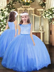 Blue Zipper Scoop Lace Girls Pageant Dresses Tulle Sleeveless