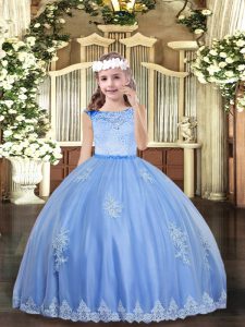 Baby Blue Ball Gowns Scoop Sleeveless Tulle Floor Length Zipper Beading and Appliques Child Pageant Dress