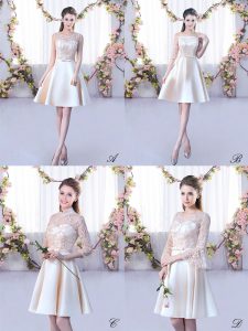 Fine Champagne A-line Satin Scoop Sleeveless Lace and Belt Mini Length Lace Up Quinceanera Dama Dress