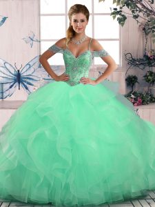 Apple Green Tulle Lace Up Sweet 16 Dress Sleeveless Floor Length Beading and Ruffles
