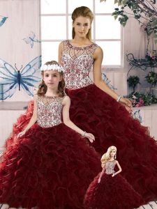 Elegant Scoop Sleeveless 15th Birthday Dress Floor Length Beading and Ruffles Burgundy Organza