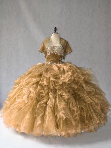 Beauteous Sleeveless Organza Floor Length Lace Up 15th Birthday Dress in Brown with Beading and Ruffles