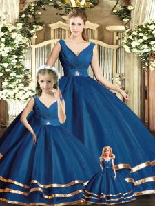 V-neck Sleeveless Sweet 16 Quinceanera Dress Floor Length Beading and Ruffled Layers Navy Blue Tulle