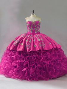 Embroidery and Ruffles Vestidos de Quinceanera Fuchsia Lace Up Sleeveless Floor Length