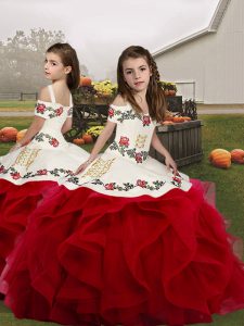 Red Organza Lace Up Straps Sleeveless Floor Length Kids Formal Wear Embroidery and Ruffles