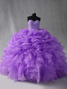 Pretty Sleeveless Organza Floor Length Lace Up 15th Birthday Dress in Lavender with Beading and Ruffles and Pick Ups