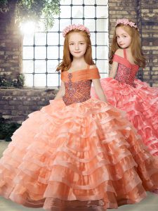 Latest Orange Long Sleeves Brush Train Beading and Ruffled Layers Kids Pageant Dress