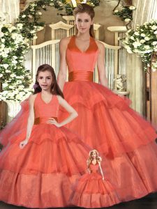 Floor Length Lace Up 15 Quinceanera Dress Orange Red for Sweet 16 and Quinceanera with Ruffled Layers