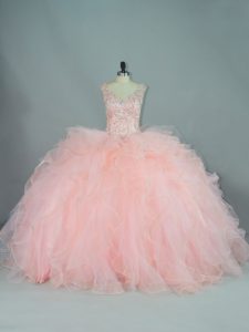 Colorful Peach Sweet 16 Quinceanera Dress V-neck Sleeveless Lace Up