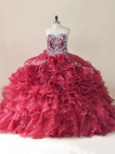 Wonderful Lace Up Sweet 16 Dresses Wine Red for Sweet 16 and Quinceanera with Beading and Appliques and Ruffles Brush Train