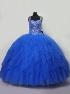 Clearance Blue Straps Neckline Beading and Ruffles Quinceanera Gowns Sleeveless Lace Up