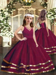 Burgundy Zipper Kids Formal Wear Ruffled Layers Sleeveless Floor Length